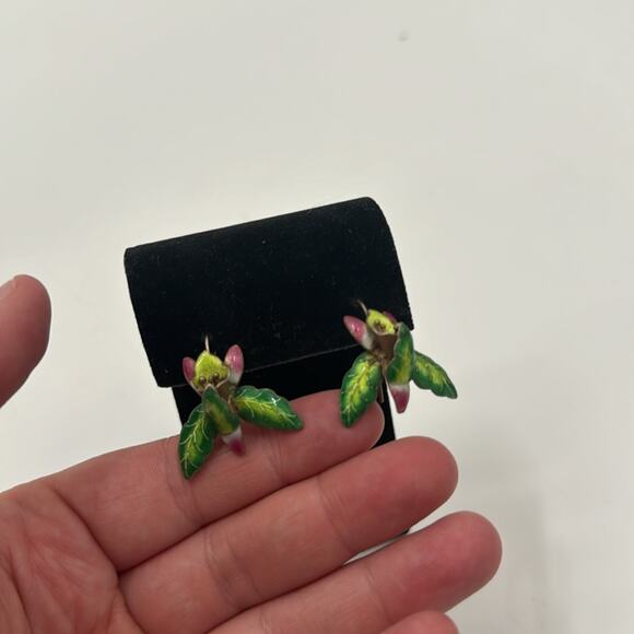 Vintage Sterling Silver Gold Vermeil Enamel Orchid Flower Lily Earrings - Picture 2 of 4